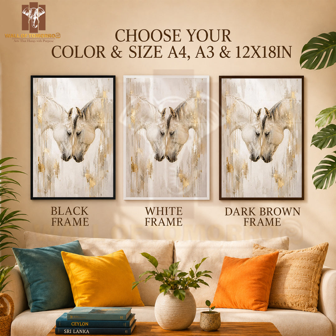 White & Gold Horses Painting Animals High Quality Glass Frame Wall Décor in Sri Lanka