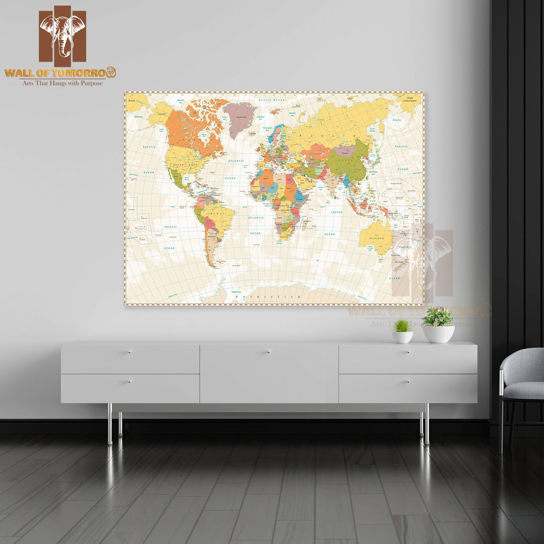 Old Retro World Map with Lakes and Rivers Educational High Quality Unframed Poster Print & Waterproof Poster Print Wall Décor