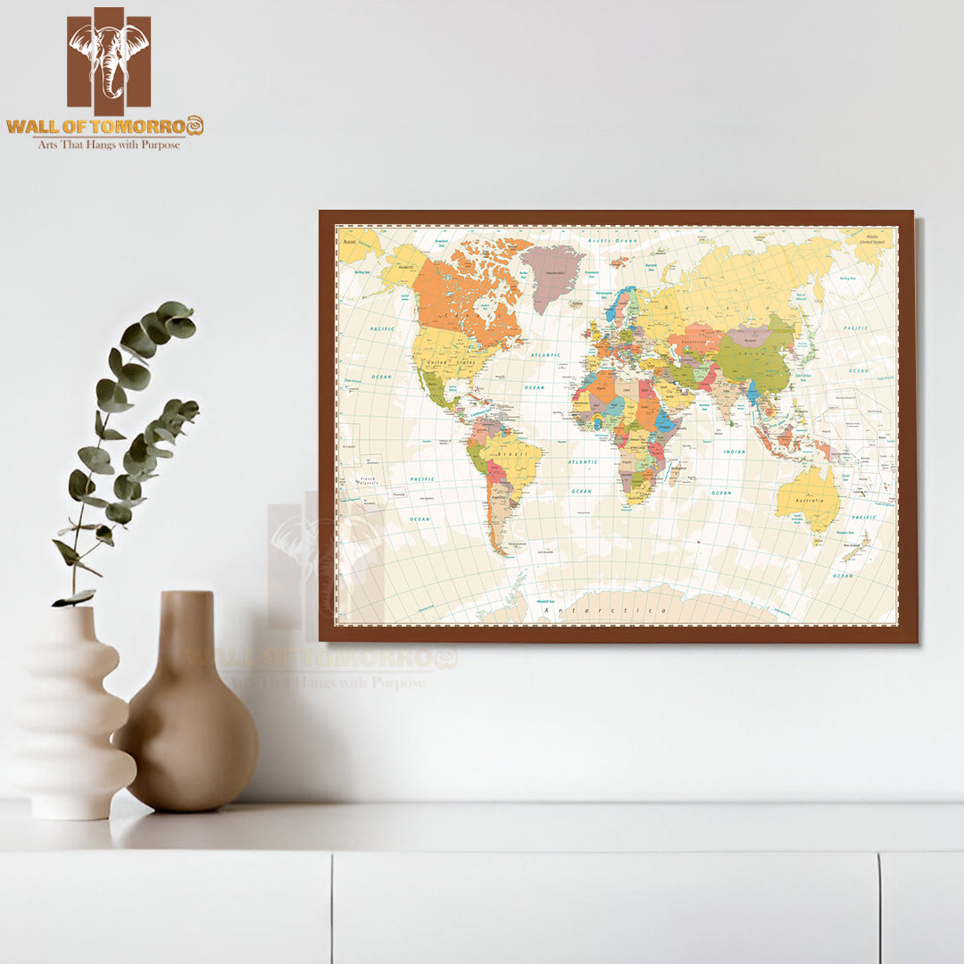 Old Retro World Map with Lakes and Rivers Educational High Quality Glass Frame Wall Décor