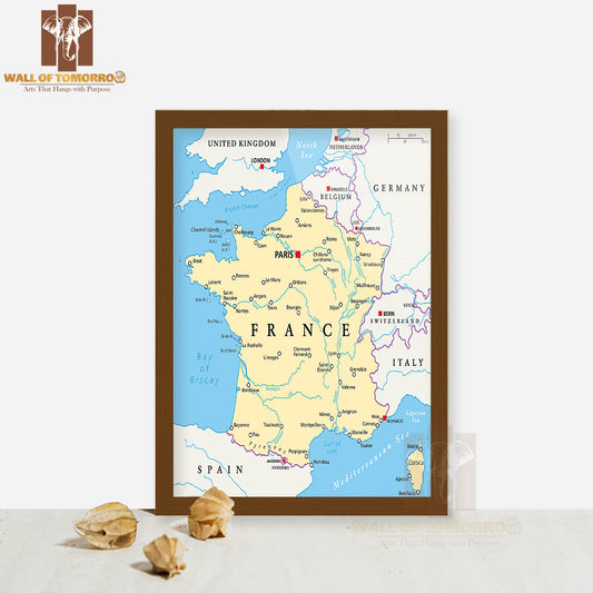 France Political Map with Capital Paris Educational High Quality Glass Frame Wall Décor