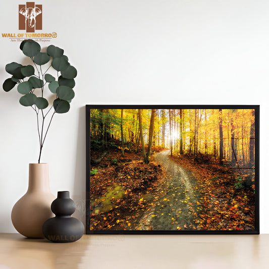 Sun Shining Through the Trees on a Path in a Golden Forest High Quality Unframed Poster Print & Waterproof Poster Print Wall Décor