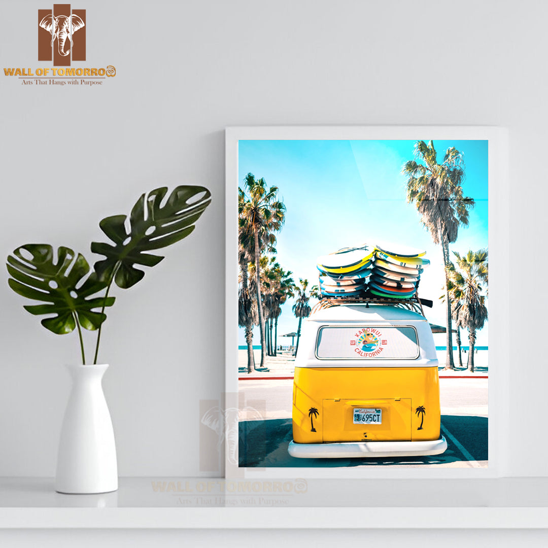 Yellow Van with Surfboards on Top of It High Quality Glass Frame Wall Décor