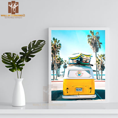 Yellow Van with Surfboards on Top of It High Quality Glass Frame Wall Décor