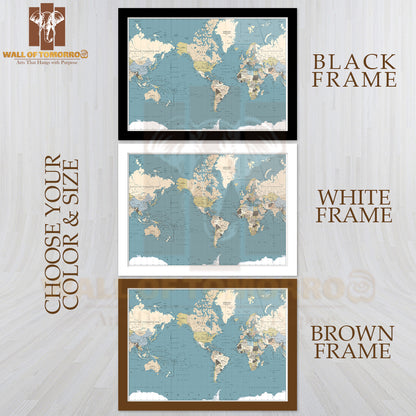 America Centered World Map Educational High Quality Glass Frame Wall Décor
