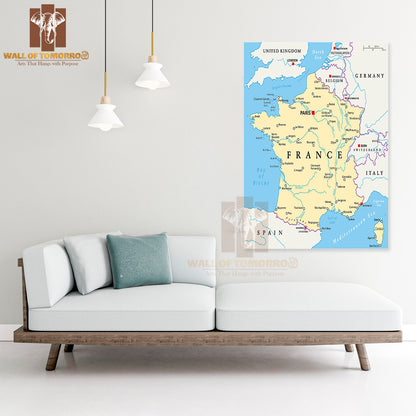 France Political Map with Capital Paris Educational High Quality Unframed Poster Print & Waterproof Poster Print Wall Décor