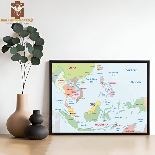 Southeast Asia Map Educational High Quality Glass Frame Wall Décor