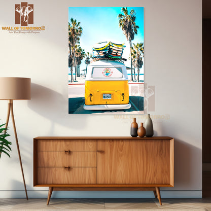 Yellow Van with Surfboards on Top of It High Quality Unframed Poster Print & Waterproof Poster Print Wall Décor