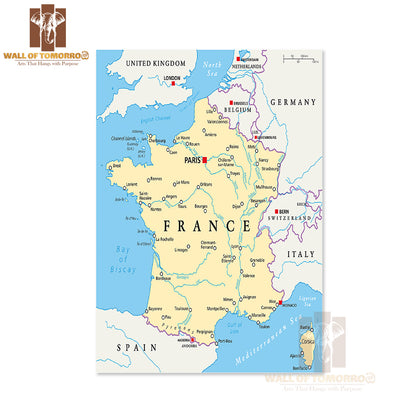 France Political Map with Capital Paris Educational High Quality Unframed Poster Print & Waterproof Poster Print Wall Décor