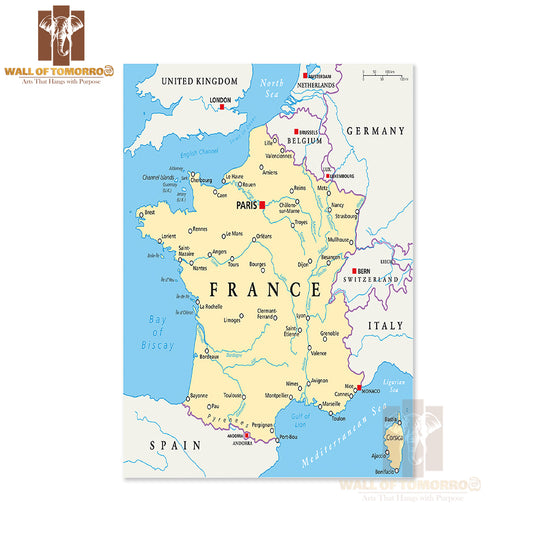 France Political Map with Capital Paris Educational High Quality Unframed Poster Print & Waterproof Poster Print Wall Décor