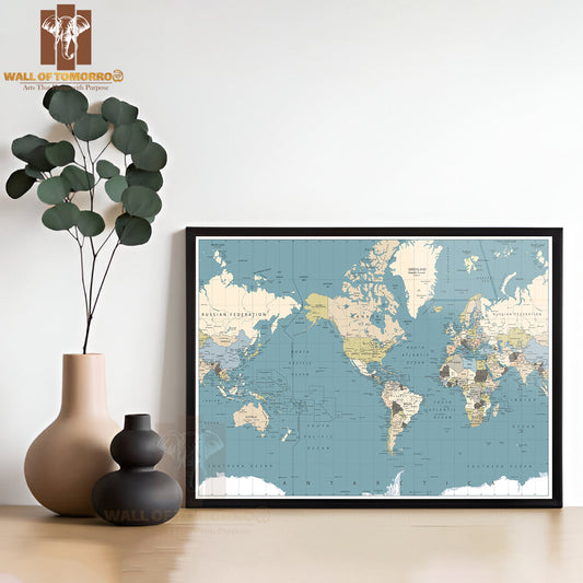America Centered World Map Educational High Quality Glass Frame Wall Décor