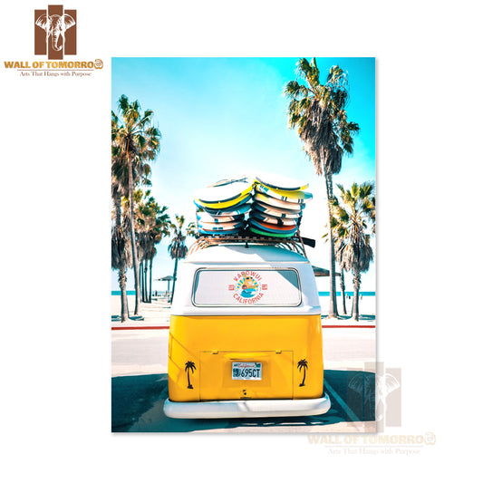 Yellow Van with Surfboards on Top of It High Quality Unframed Poster Print & Waterproof Poster Print Wall Décor