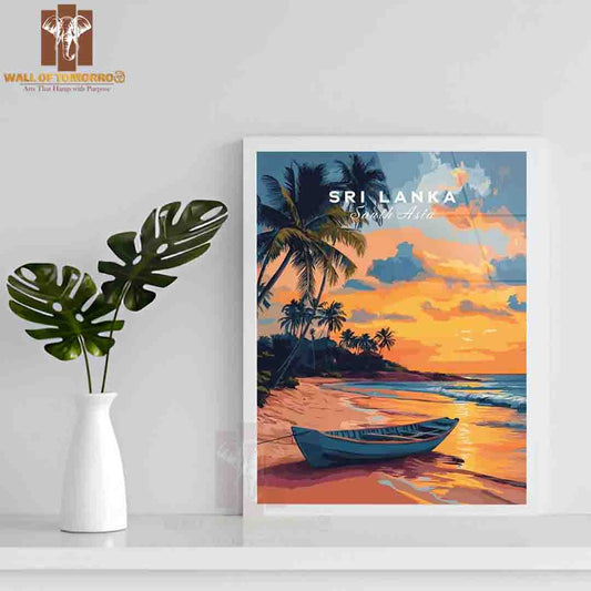 Sri Lanka Sunset Art, Tropical Beach Travel High Quality Glass Frame Wall Décor