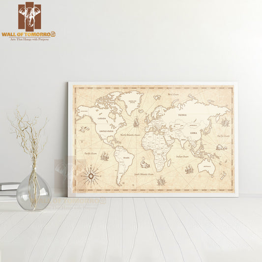 The World Map in Vintage Educational High Quality Glass Frame Wall Décor