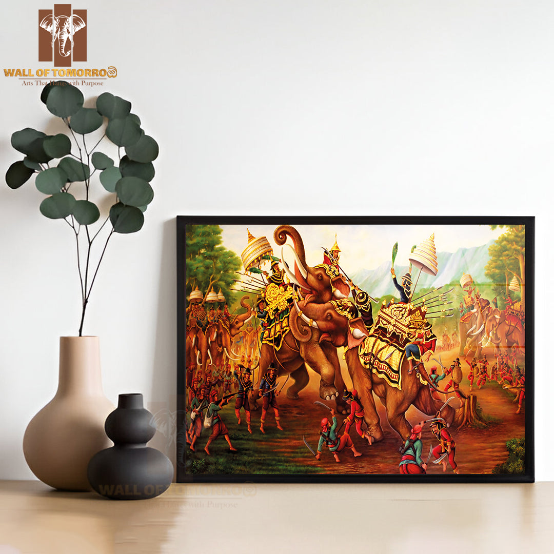 Military War Elephants Painting on Wall in the Temple at Thailand High Quality Unframed Poster Print & Waterproof Poster Print Wall Décor