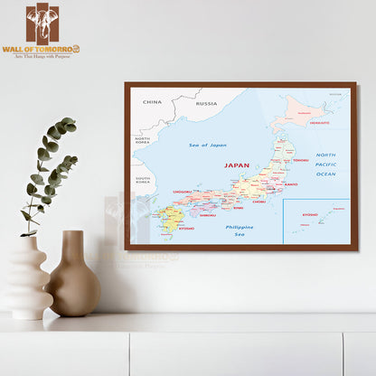 Japan Administrative Map Educational High Quality Glass Frame Wall Décor