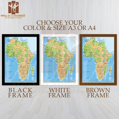 High Detailed Africa Physical Map Educational High Quality Glass Frame Wall Décor