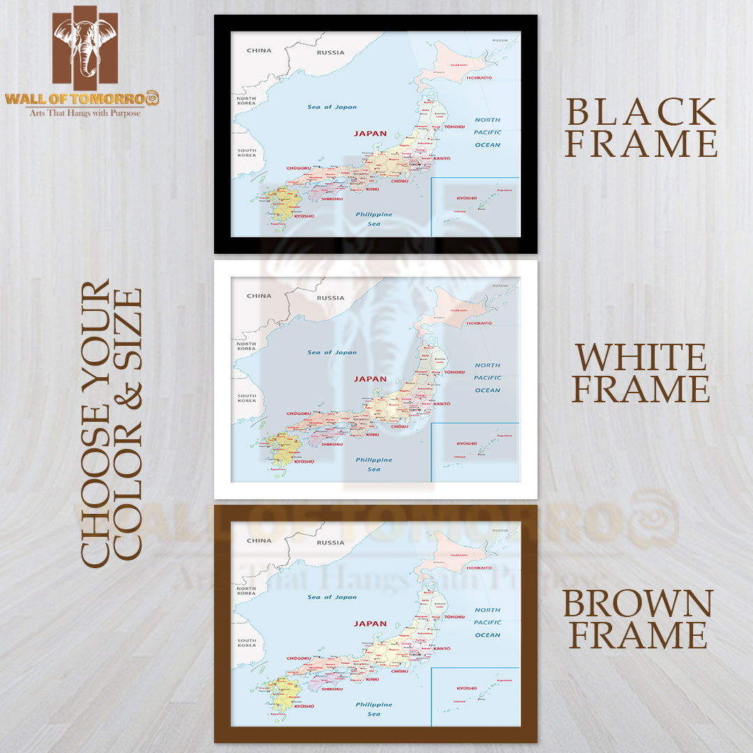 Japan Administrative Map Educational High Quality Glass Frame Wall Décor