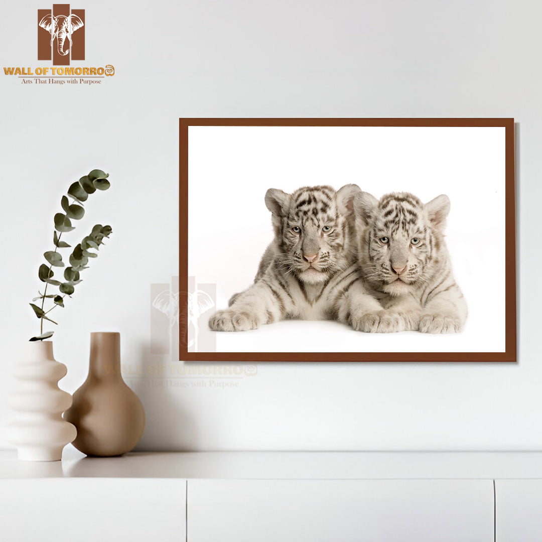Two White Tiger Cubs High Quality Glass Frame Wall Décor