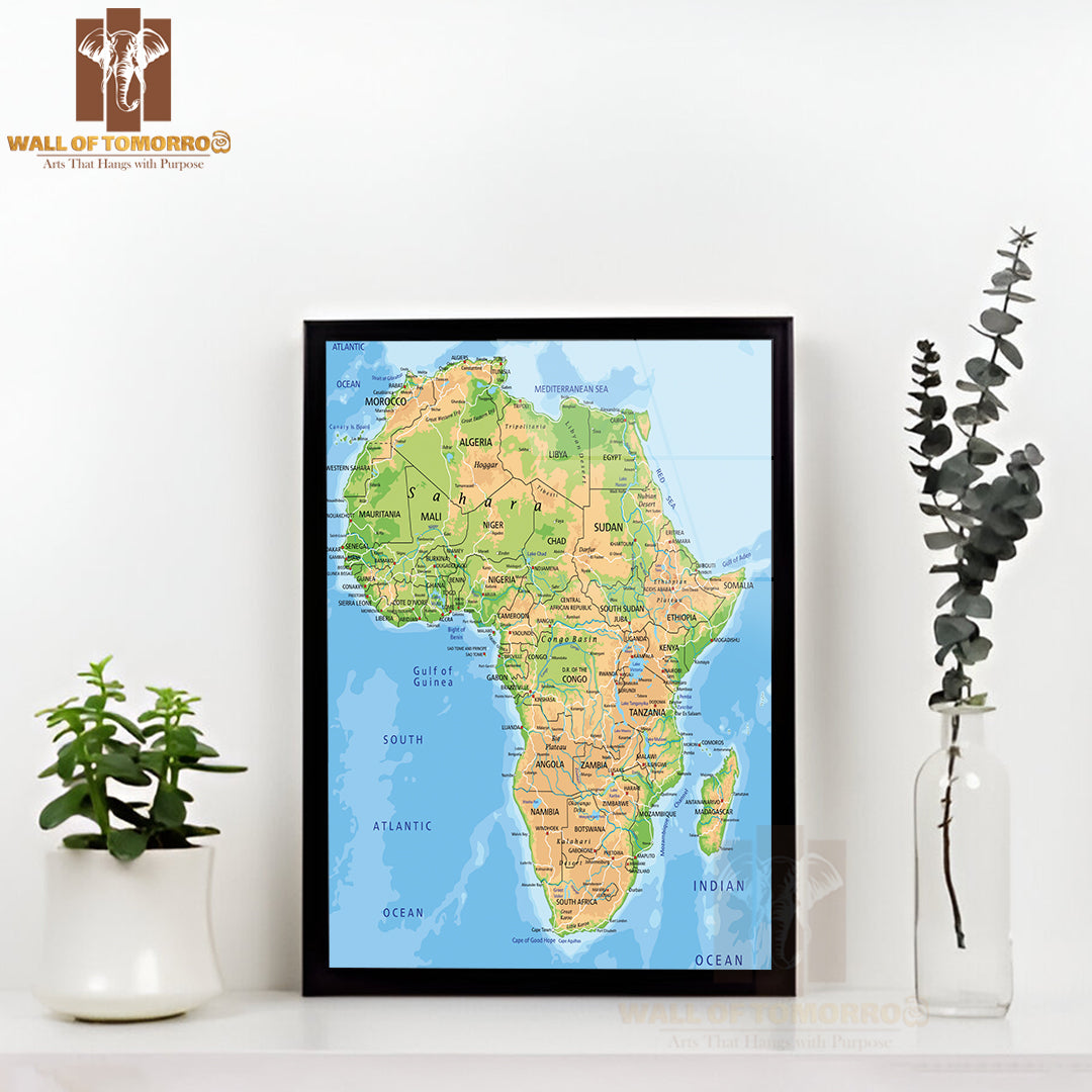 High Detailed Africa Physical Map Educational High Quality Glass Frame Wall Décor