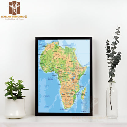 High Detailed Africa Physical Map Educational High Quality Glass Frame Wall Décor