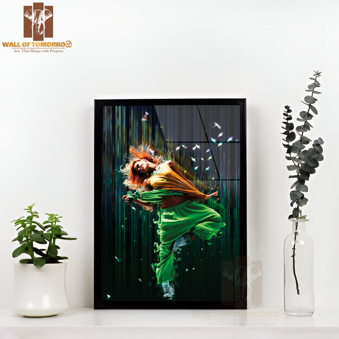 Woman In a Green Outfit Gracefully Dances Mid-Air High Quality Glass Frame Wall Décors in Sri Lanka