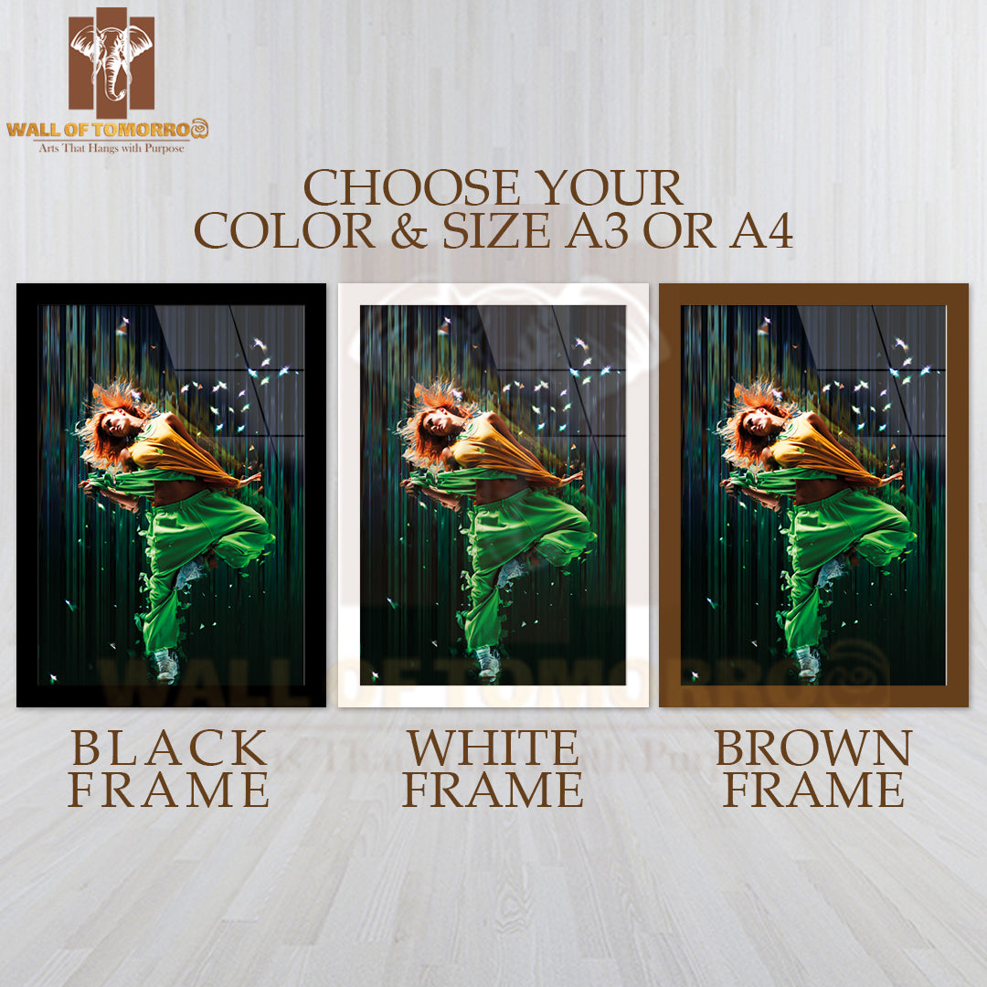 Woman In a Green Outfit Gracefully Dances Mid-Air High Quality Glass Frame Wall Décors in Sri Lanka