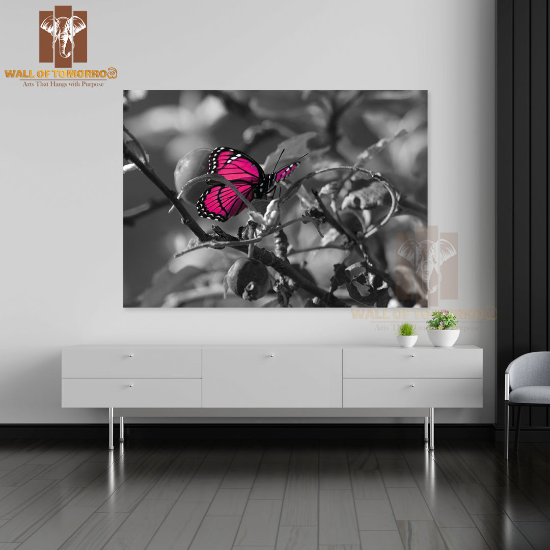 Pink Colorized Butterfly on Black & White High Quality Unframed Poster Print & Waterproof Poster Print Wall Décor