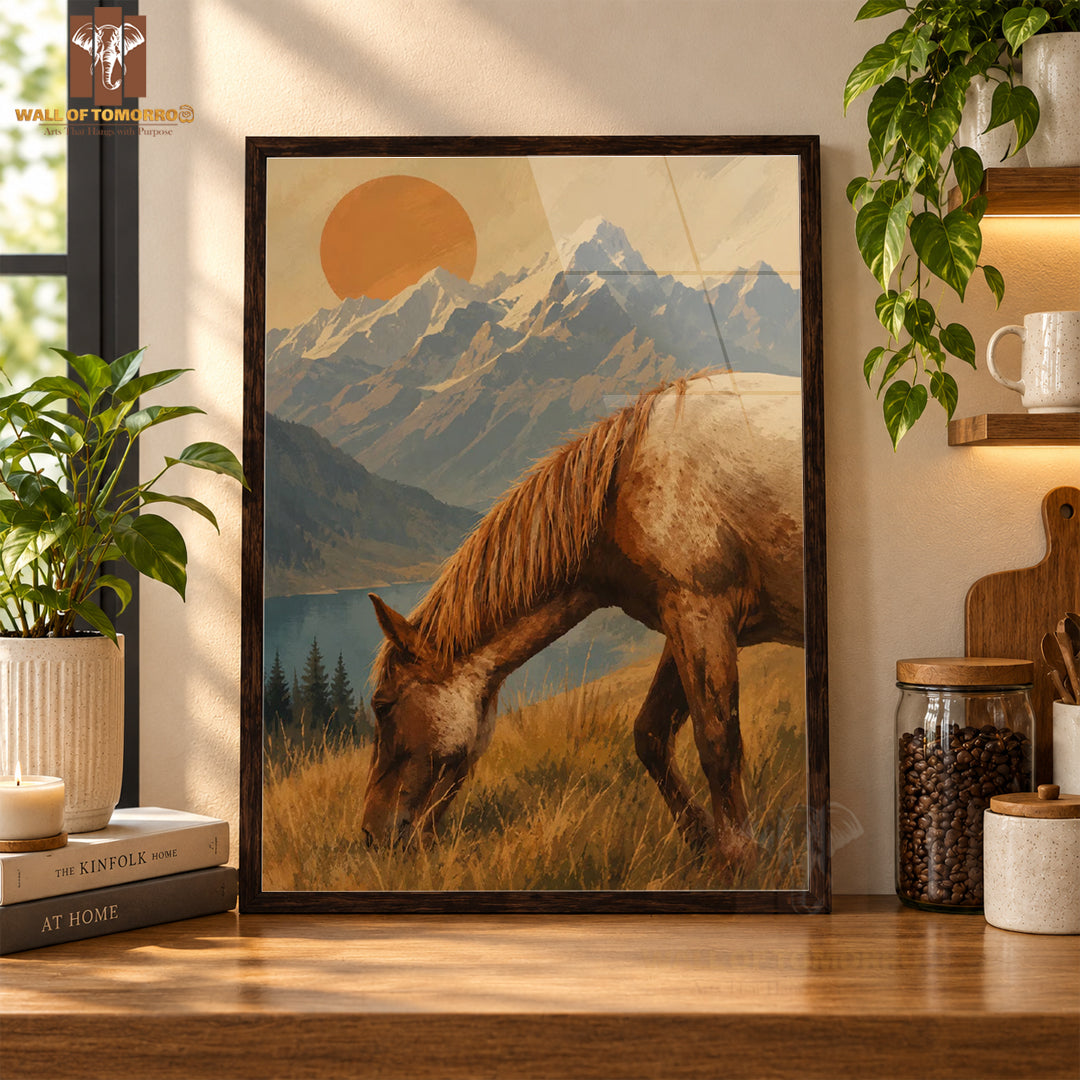Horse with Mountain Background Animals High Quality Glass Frame Wall Décor in Sri Lanka