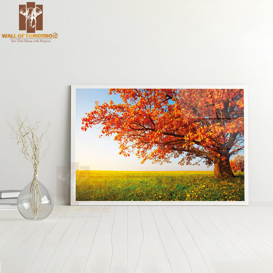 Big Autumn Oak and Green Grass on a Meadow Around High Quality Unframed Poster Print & Waterproof Poster Print Wall Décor