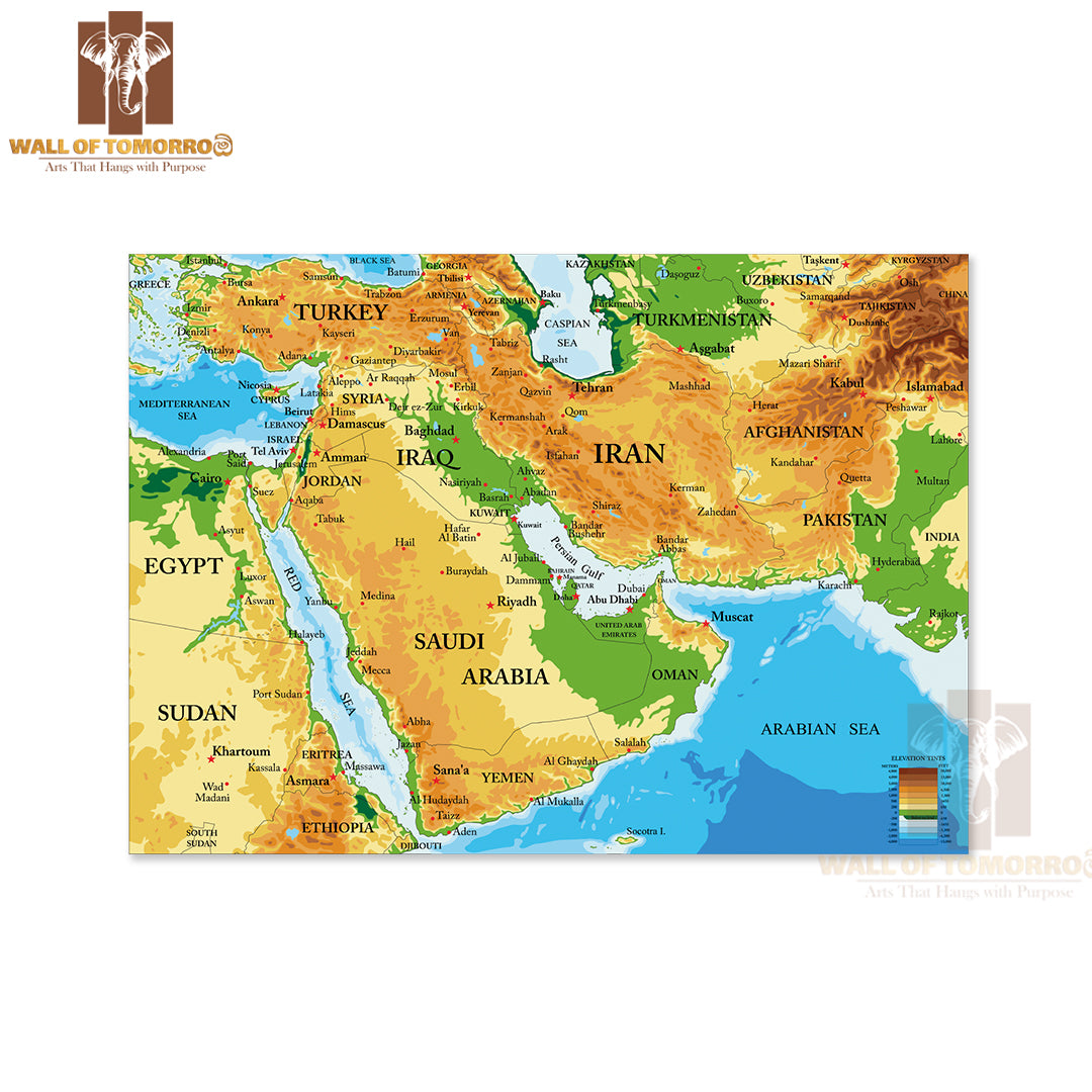Middle East Physical Map Educational High Quality Unframed Poster Print & Waterproof Poster Print Wall Décor