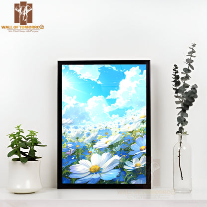 Field Of Flowers with A Blue Sky in The Background High Quality Glass Frame Wall Décor