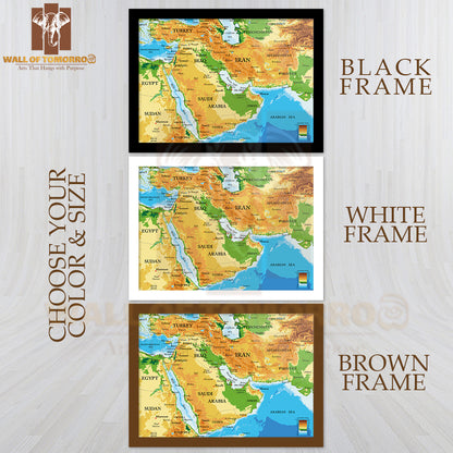 Middle East Physical Map Educational High Quality Glass Frame Wall Décor