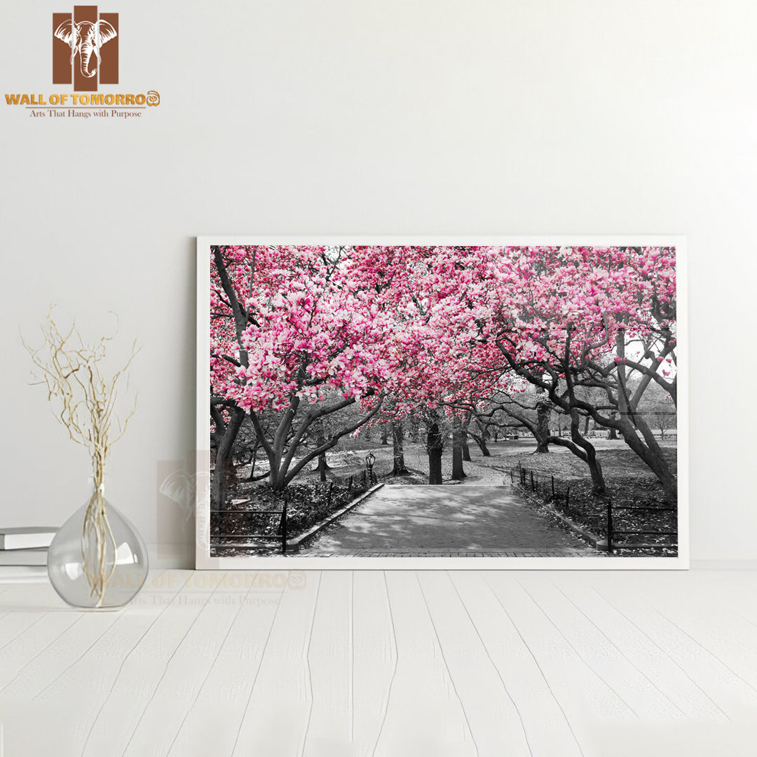 Pink Blossoms In Central Park Black and White High Quality Unframed Poster Print & Waterproof Poster Print Wall Décor