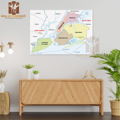 New York City, 5 Boroughs Map Educational High Quality Unframed Poster Print & Waterproof Poster Print Wall Décor