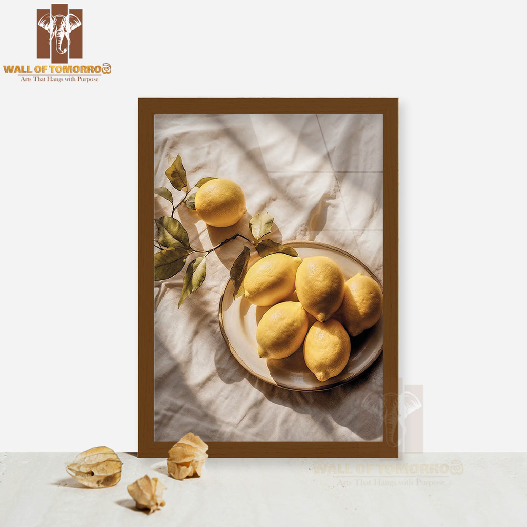 Zestful Lemons on Table High Quality Glass Frame Wall Décor