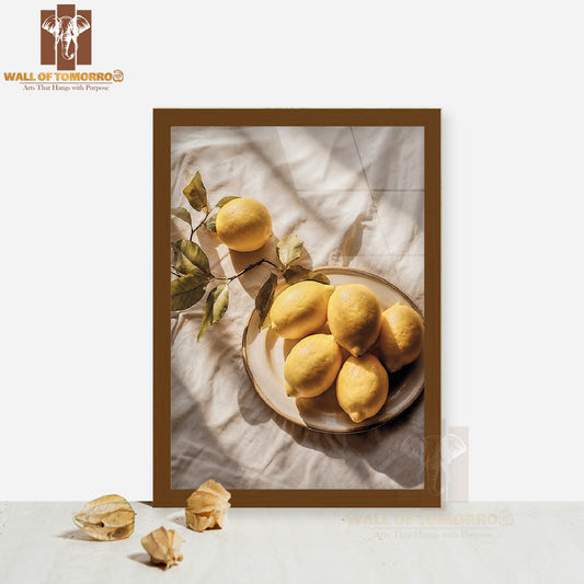 Zestful Lemons on Table High Quality Glass Frame Wall Décor