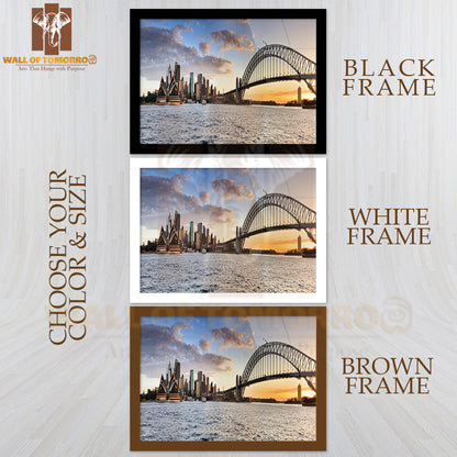 Sydney Australia NSW City Landmarks at Sunset Time When Orange Sun Sets Behind Harbor Bridge High Quality Unframed Poster Print & Waterproof Poster Print Wall Décor