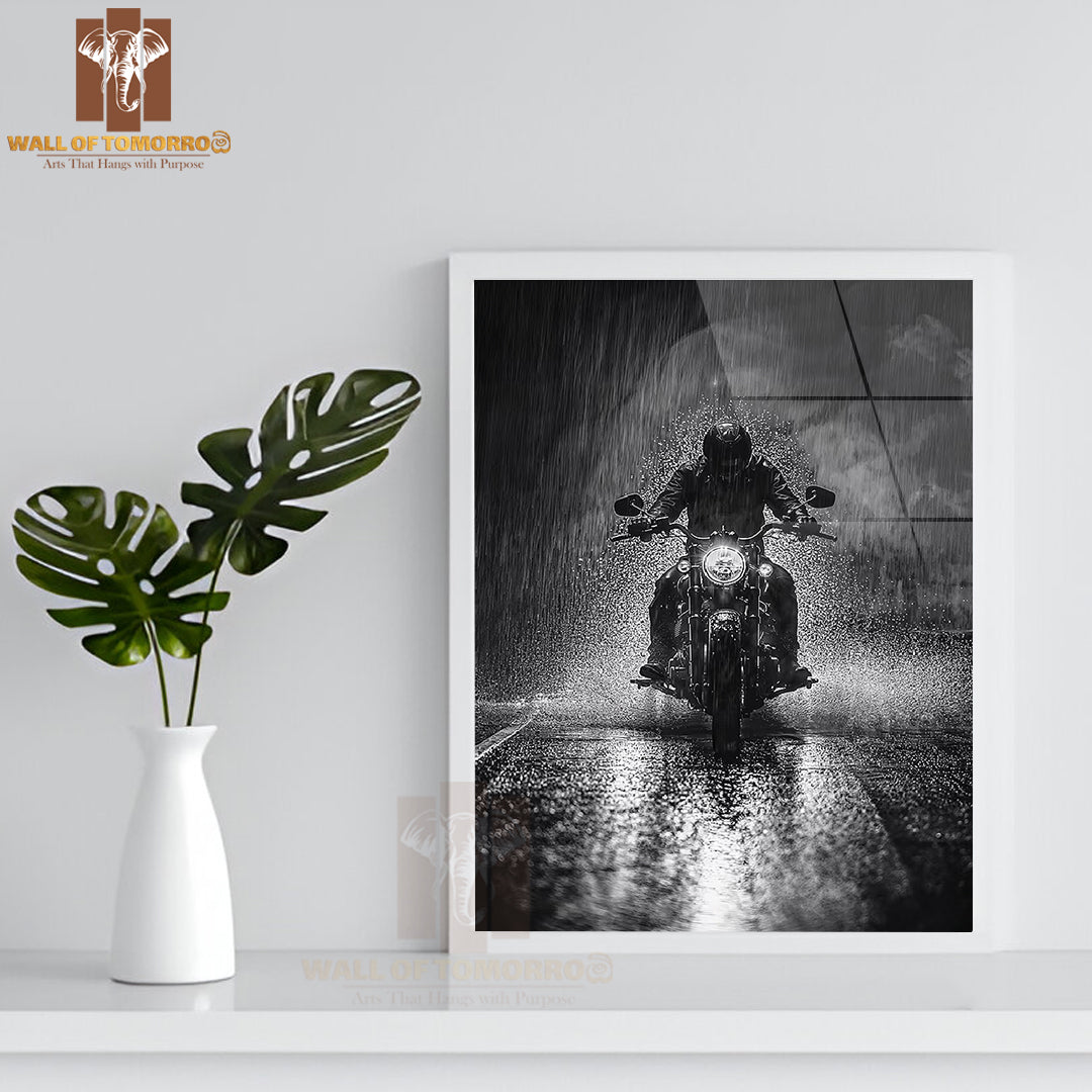 Storm Motorcycle Rider B&W High Quality Glass Frame Wall Décor