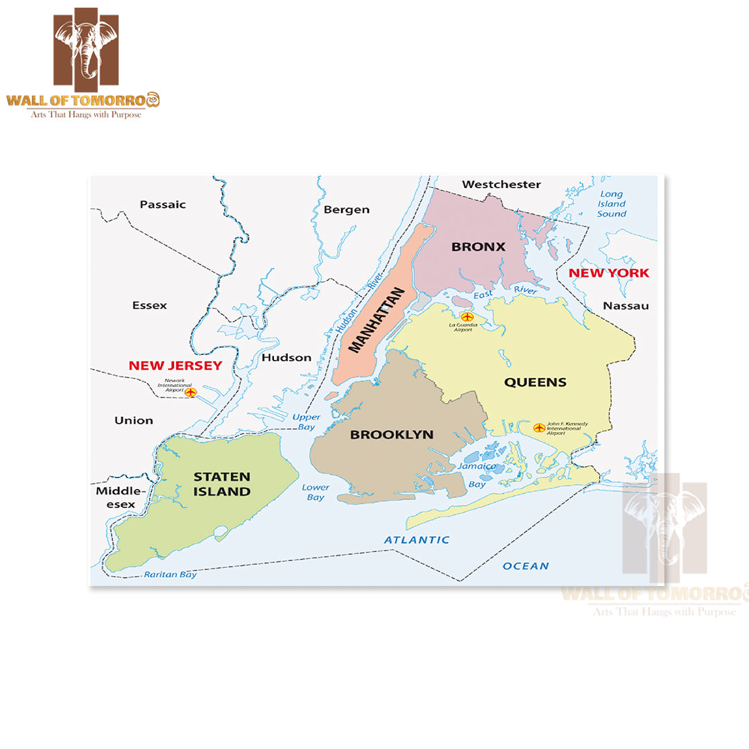 New York City, 5 Boroughs Map Educational High Quality Unframed Poster Print & Waterproof Poster Print Wall Décor