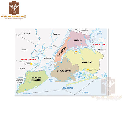 New York City, 5 Boroughs Map Educational High Quality Unframed Poster Print & Waterproof Poster Print Wall Décor