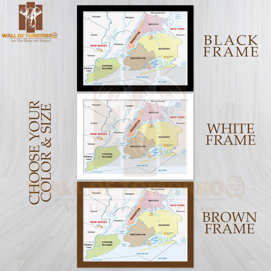 New York City, 5 Boroughs Map Educational High Quality Glass Frame Wall Décor