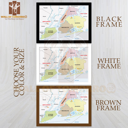New York City, 5 Boroughs Map Educational High Quality Glass Frame Wall Décor