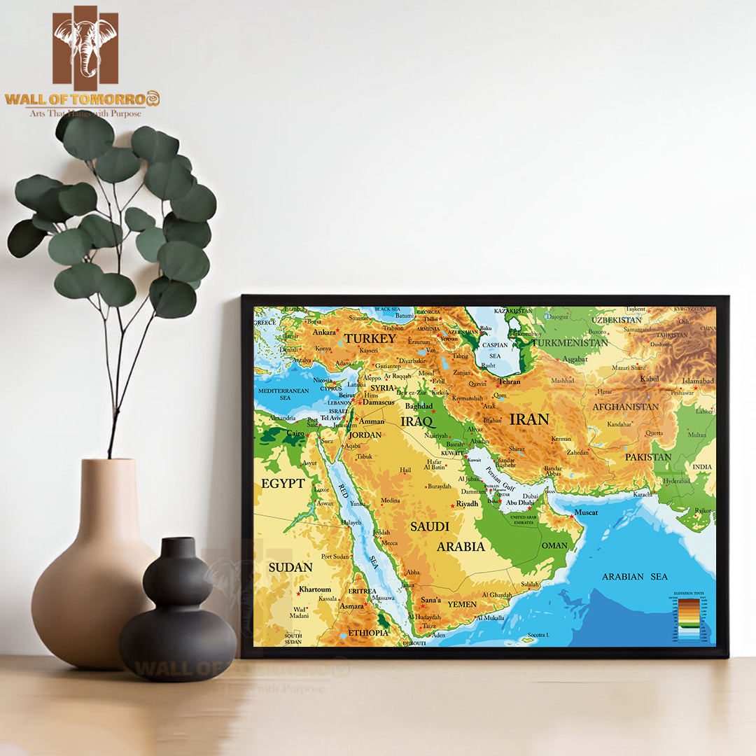 Middle East Physical Map Educational High Quality Glass Frame Wall Décor