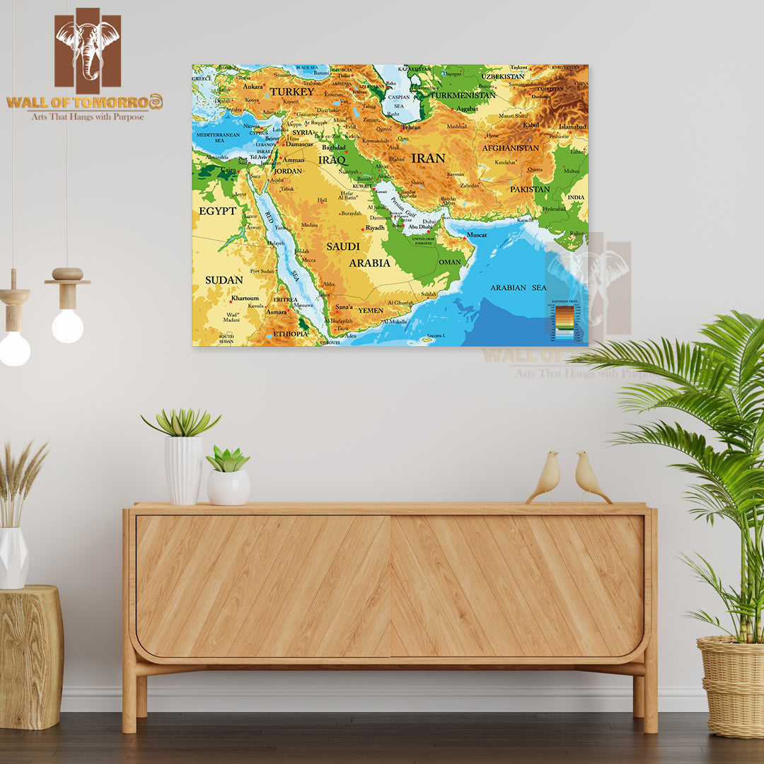 Middle East Physical Map Educational High Quality Unframed Poster Print & Waterproof Poster Print Wall Décor