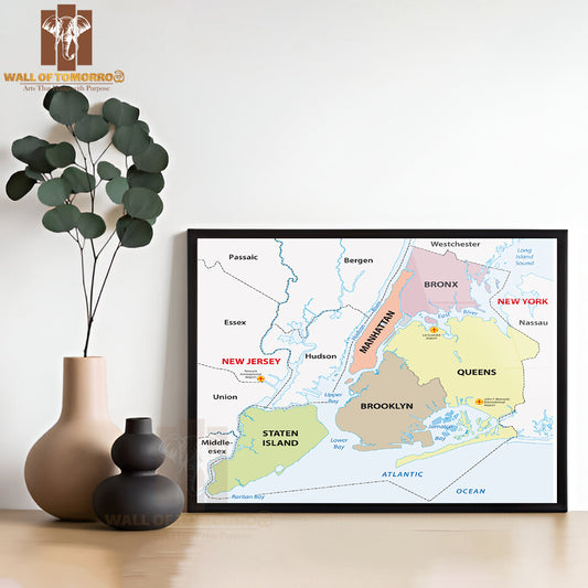New York City, 5 Boroughs Map Educational High Quality Glass Frame Wall Décor