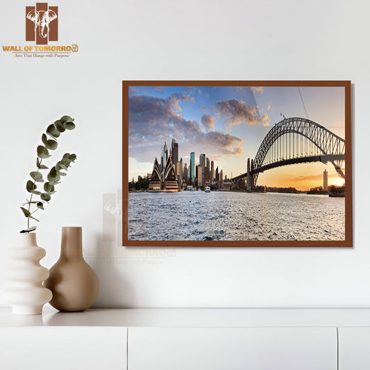Sydney Australia NSW City Landmarks at Sunset Time When Orange Sun Sets Behind Harbor Bridge High Quality Unframed Poster Print & Waterproof Poster Print Wall Décor