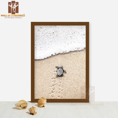 Baby Turtle On Beach High Quality Glass Frame Wall Décor