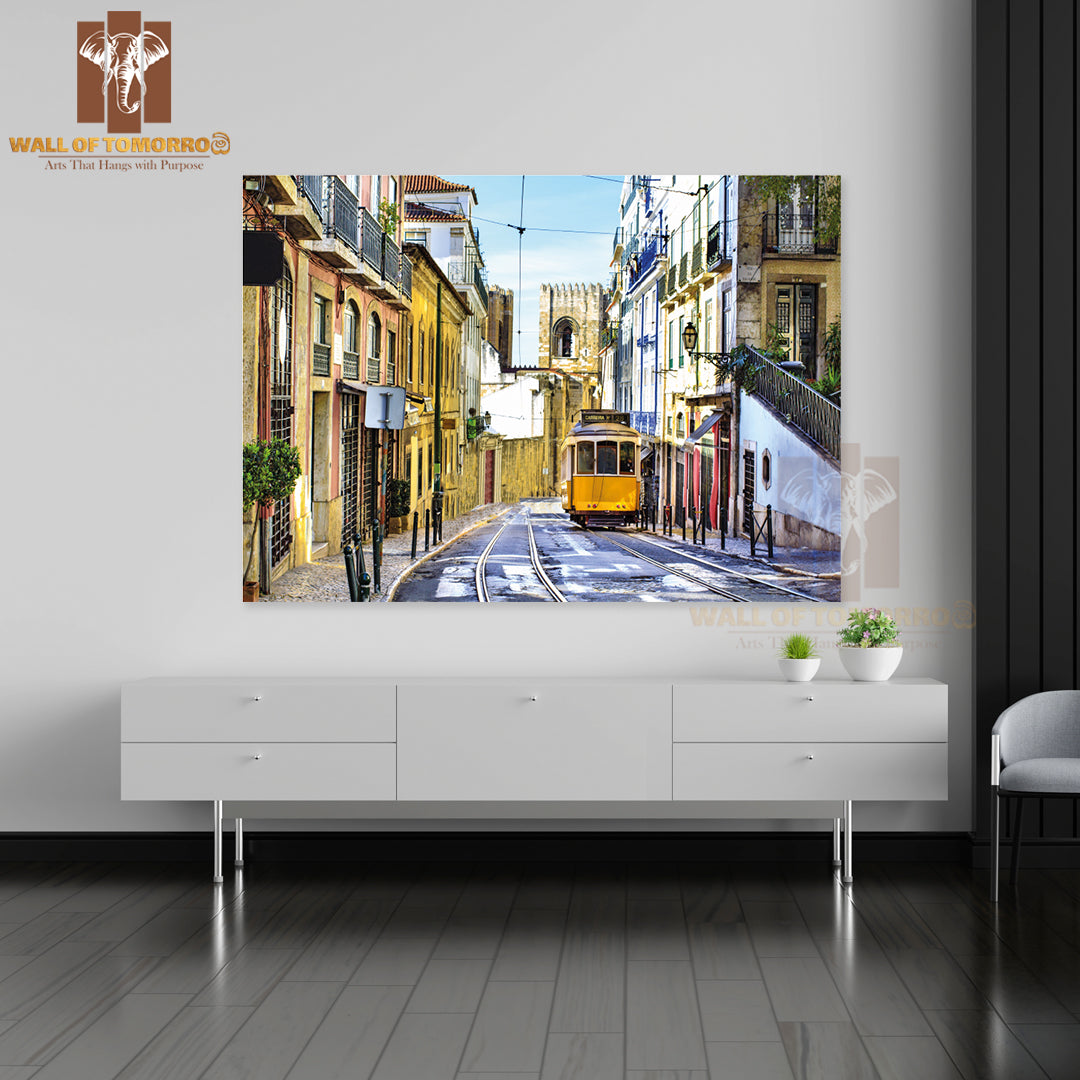 Romantic Lisbon Street with The Typical Yellow Tram High Quality Unframed Poster Print & Waterproof Poster Print Wall Décor
