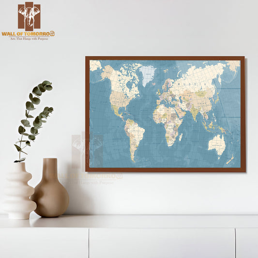 Vintage World Map Detailed I Educational High Quality Glass Frame Wall Décor