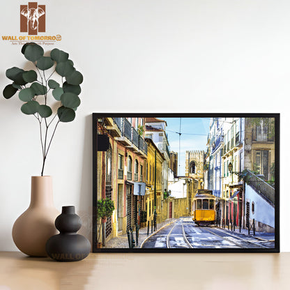Romantic Lisbon Street with The Typical Yellow Tram High Quality Unframed Poster Print & Waterproof Poster Print Wall Décor